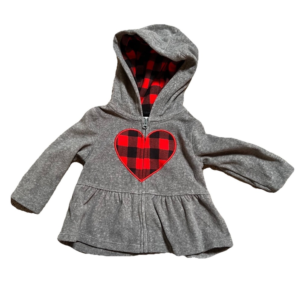 Carter's Girl's 6 Mos Grey With Red Buffalo Plaid Heart‎ Jacket With Lined Hood